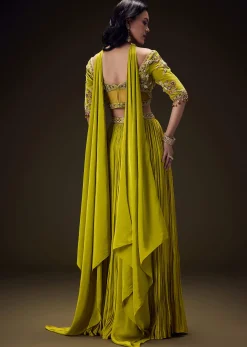 Mehendi Green Velvet Lehenga With Embellished Cross Body Blouse