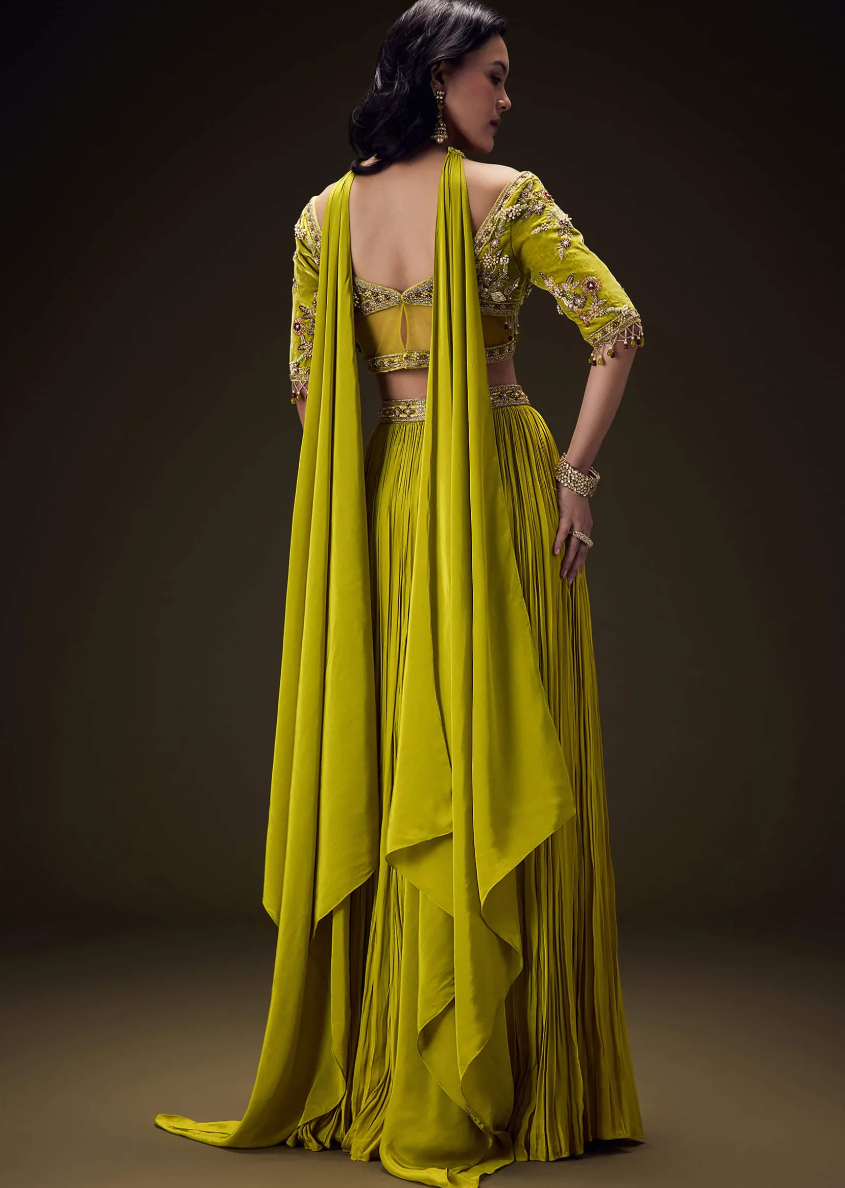 Mehendi Green Velvet Lehenga With Embellished Cross Body Blouse