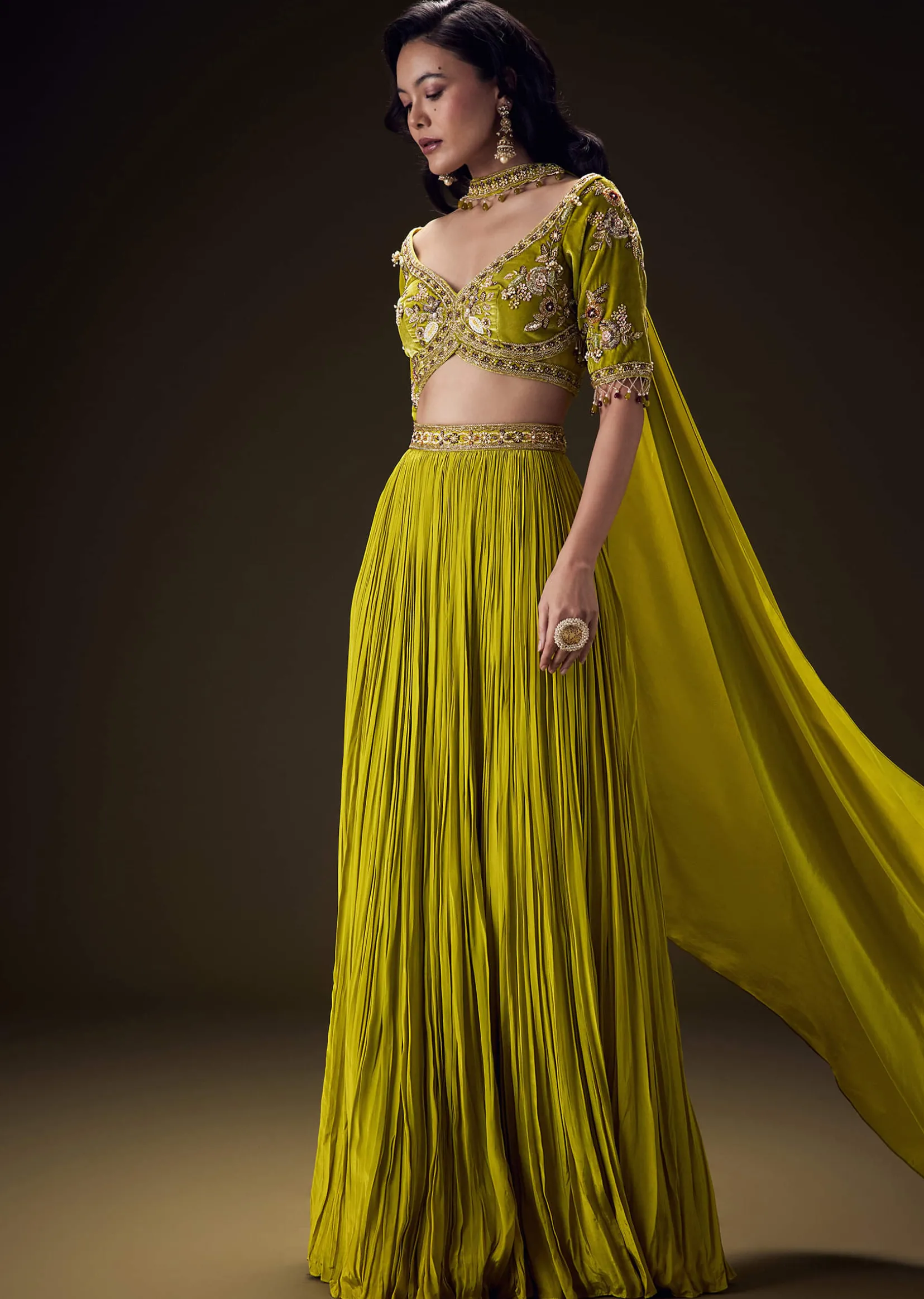 Mehendi Green Velvet Lehenga With Embellished Cross Body Blouse