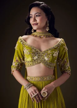 Mehendi Green Velvet Lehenga With Embellished Cross Body Blouse