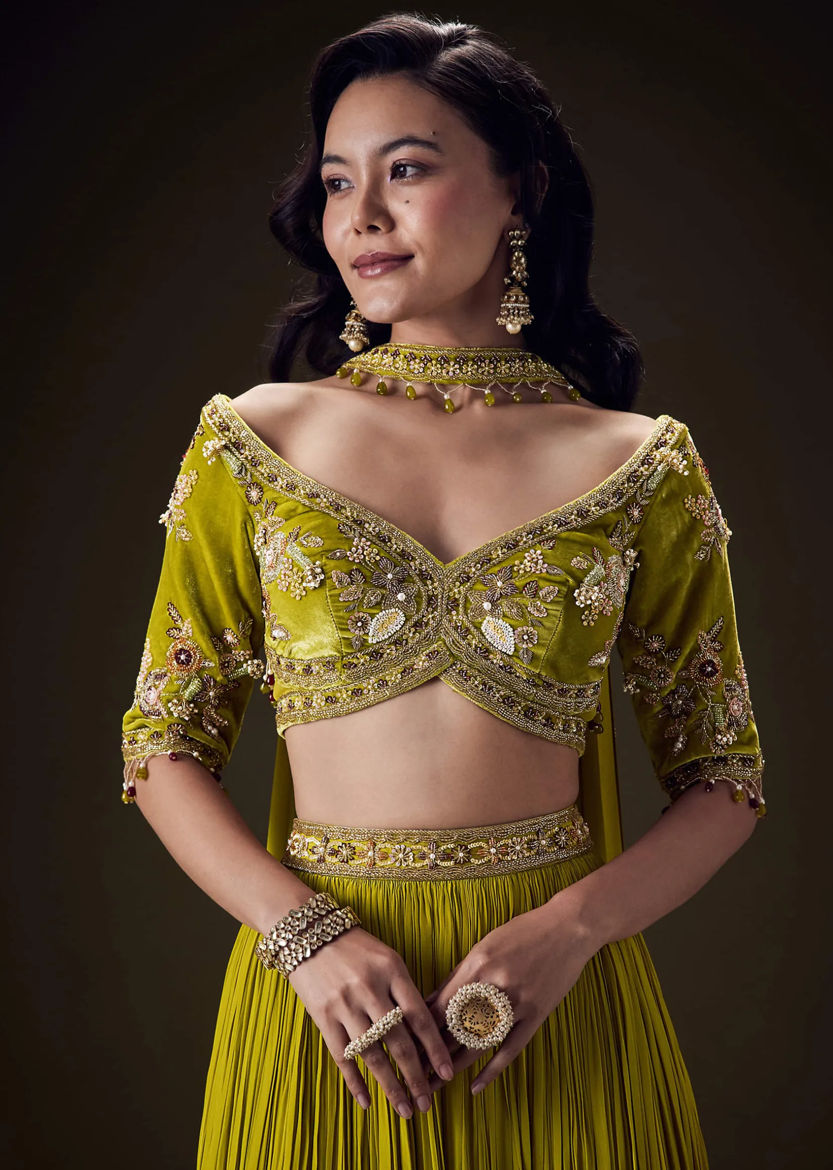 Mehendi Green Velvet Lehenga With Embellished Cross Body Blouse