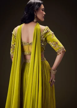 Mehendi Green Velvet Lehenga With Embellished Cross Body Blouse