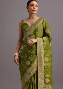 Mehendi Green Zari Woven Satin Silk Saree And Brocade Border