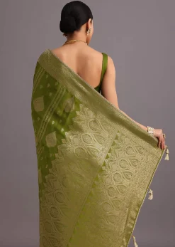 Mehendi Green Zari Woven Satin Silk Saree And Brocade Border
