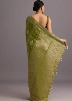 Mehendi Green Zari Woven Satin Silk Saree And Brocade Border
