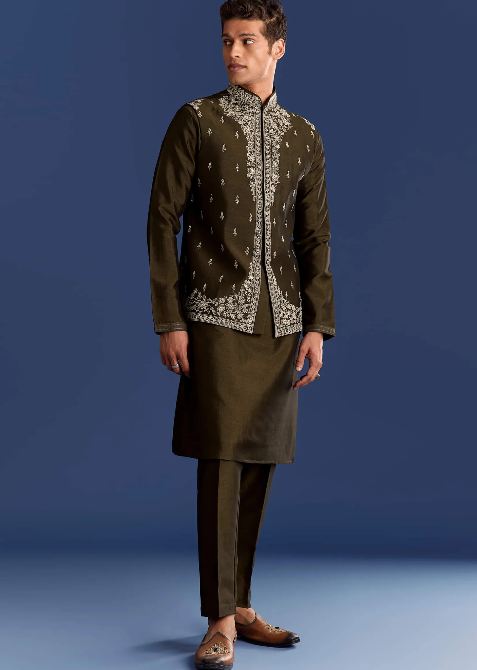 Mehndi Green Cotton Silk Kurta Jacket Set With Mirror Work