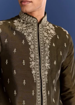 Mehndi Green Cotton Silk Kurta Jacket Set With Mirror Work