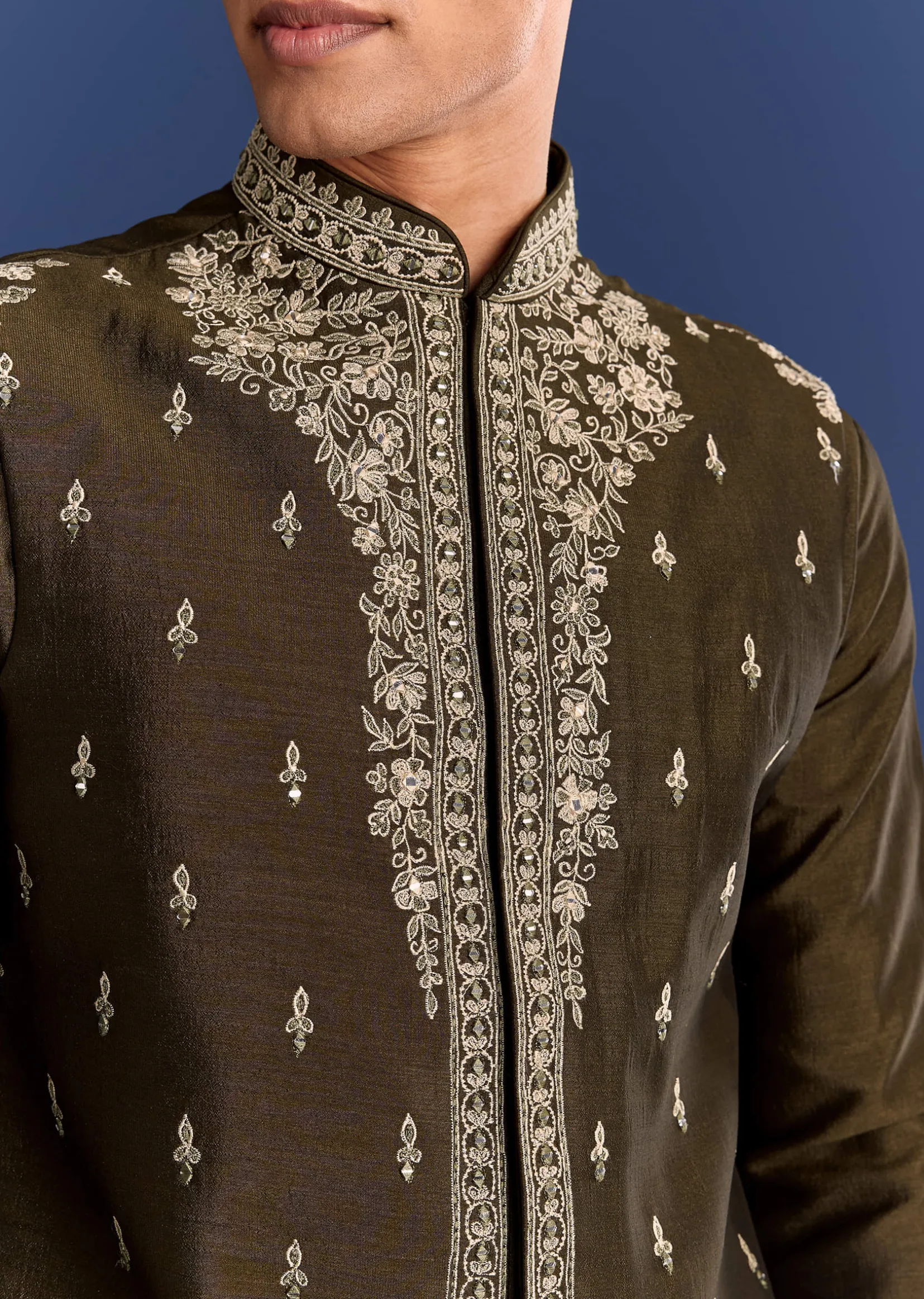 Mehndi Green Cotton Silk Kurta Jacket Set With Mirror Work