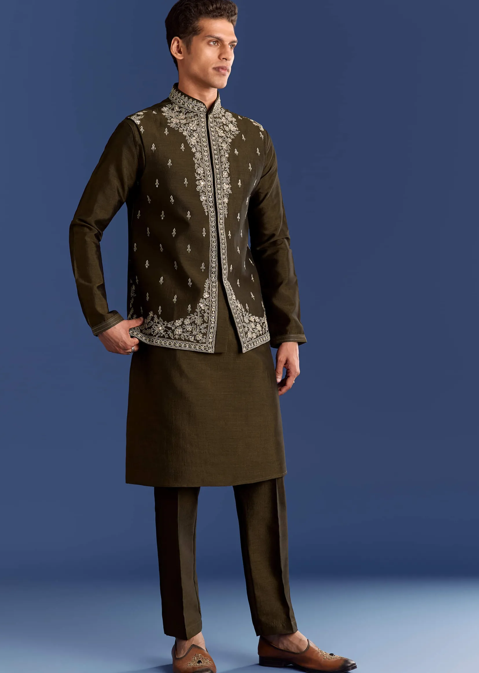 Mehndi Green Cotton Silk Kurta Jacket Set With Mirror Work