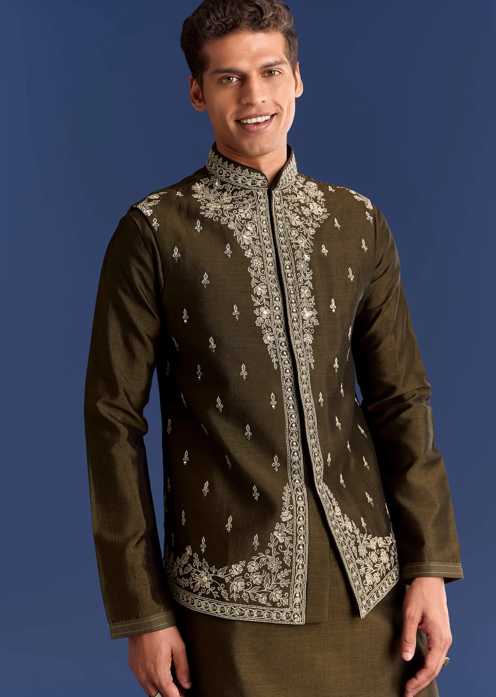 Mehndi Green Cotton Silk Kurta Jacket Set With Mirror Work