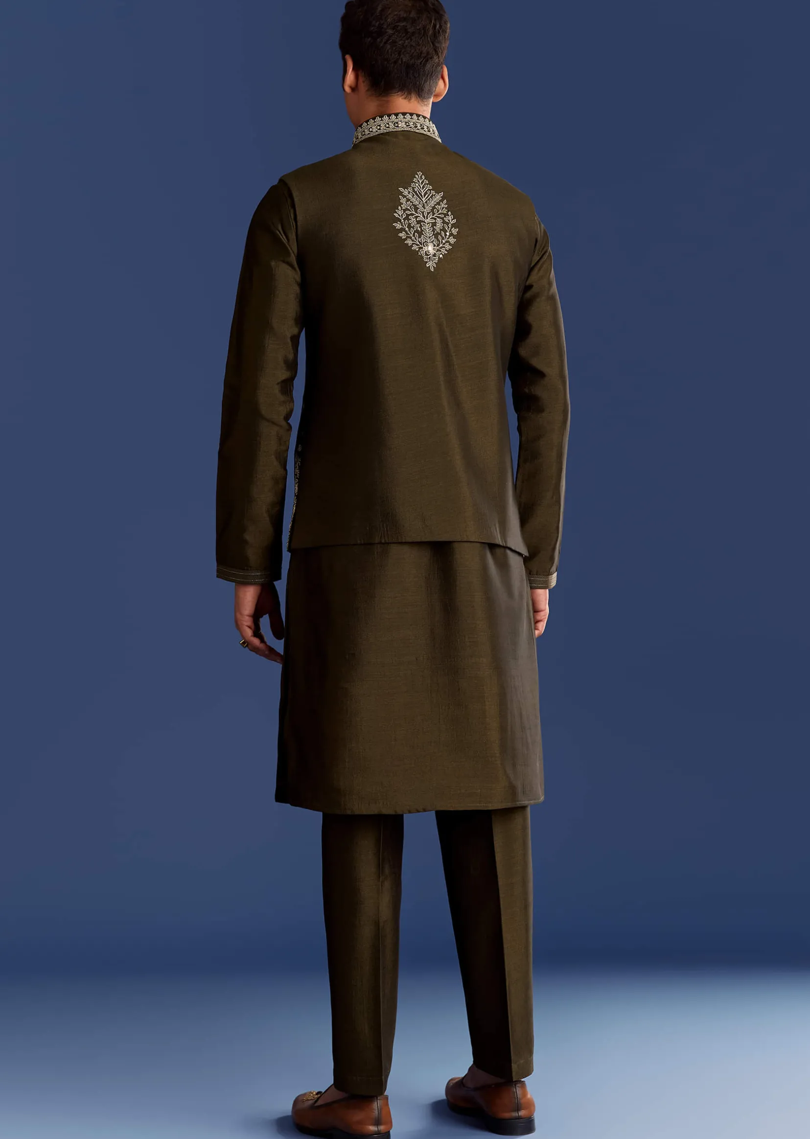 Mehndi Green Cotton Silk Kurta Jacket Set With Mirror Work