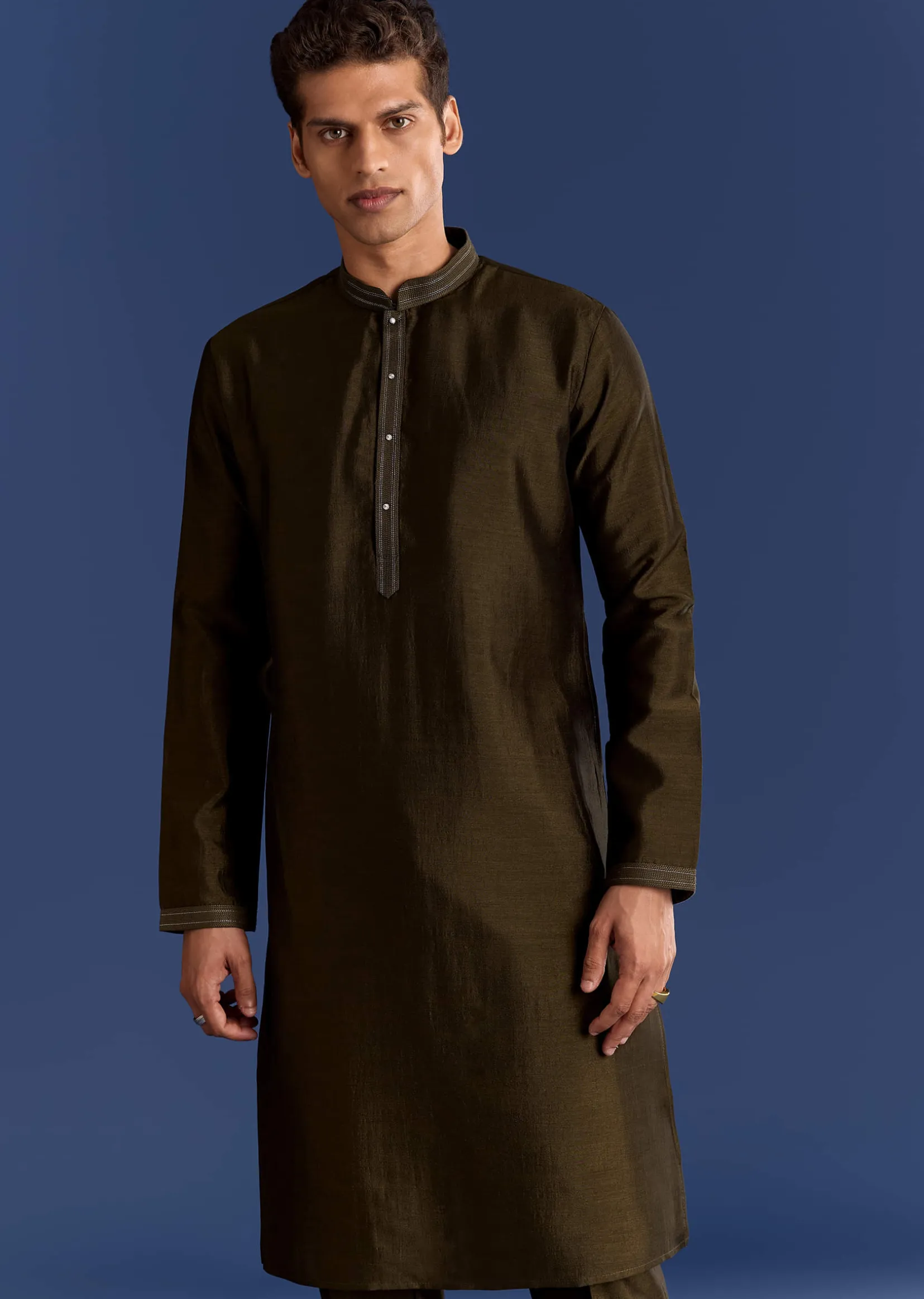 Mehndi Green Cotton Silk Kurta Jacket Set With Mirror Work