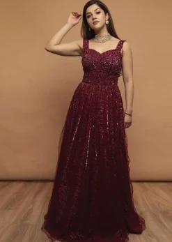 Mehreen In Kalki Burgundy Gown In Embellished Net With Fancy Cut Out Back