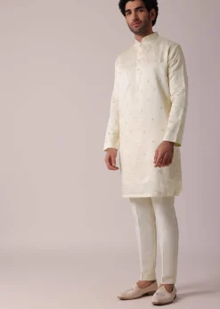 Men White Silk Kurta Set With Intricate Handwork