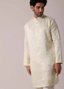 Men White Silk Kurta Set With Intricate Handwork