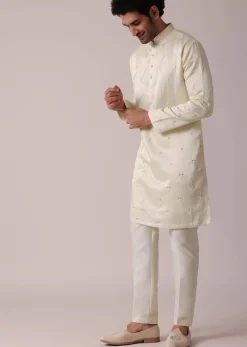 Men White Silk Kurta Set With Intricate Handwork