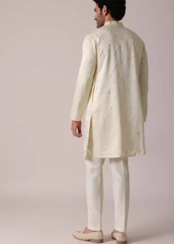 Men White Silk Kurta Set With Intricate Handwork