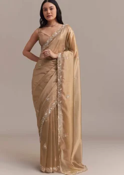 Metallic Gold Organza Tissue Saree With Cutdana And Bead Embroidery