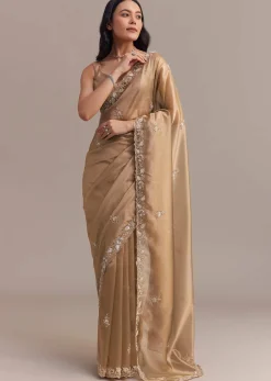 Metallic Gold Organza Tissue Saree With Cutdana And Bead Embroidery