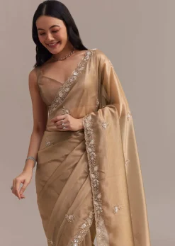 Metallic Gold Organza Tissue Saree With Cutdana And Bead Embroidery