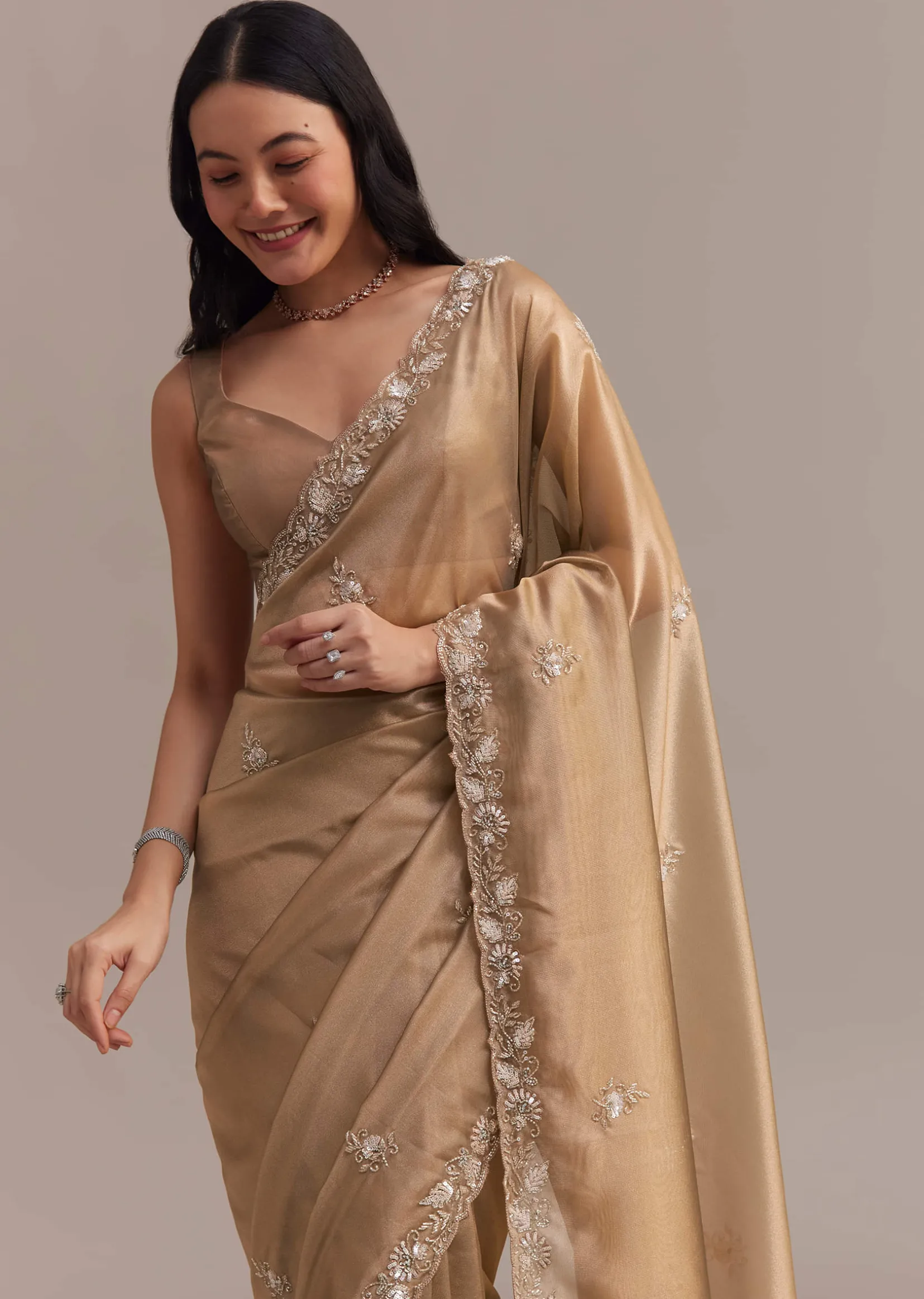Metallic Gold Organza Tissue Saree With Cutdana And Bead Embroidery