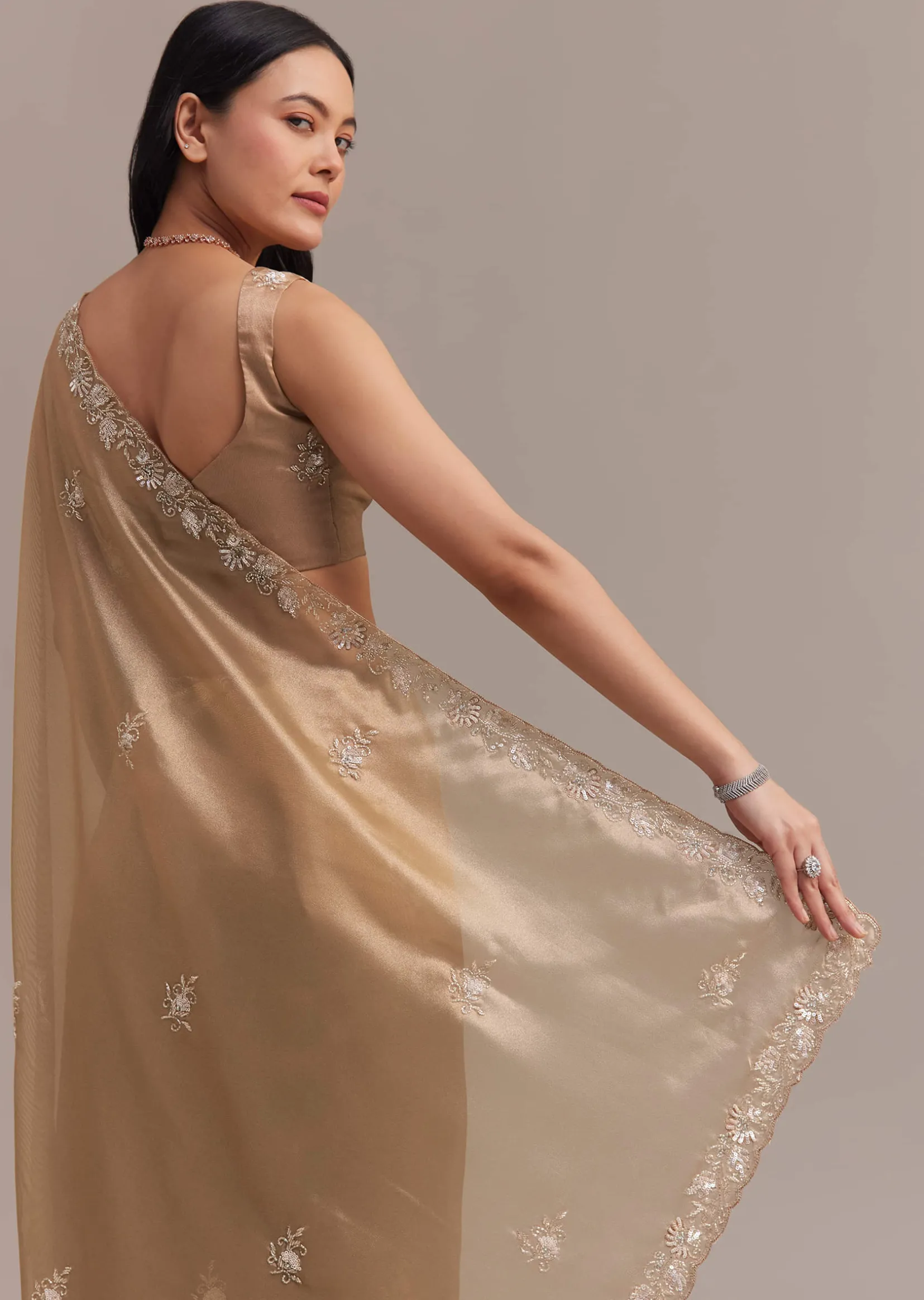 Metallic Gold Organza Tissue Saree With Cutdana And Bead Embroidery