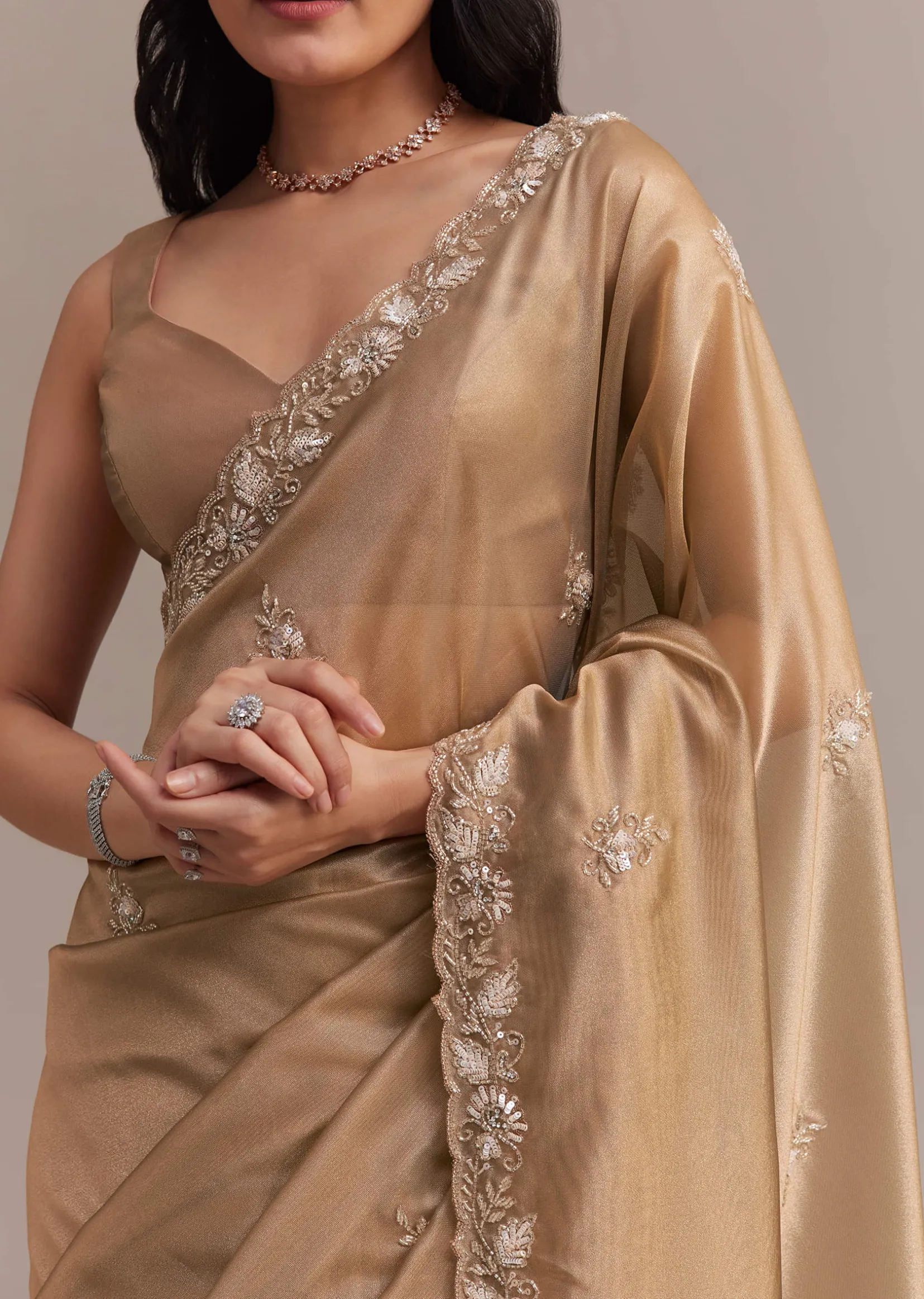 Metallic Gold Organza Tissue Saree With Cutdana And Bead Embroidery