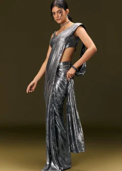 Metallic Grey Pre Stitched Sequin Saree With Cowl Neckline Blouse