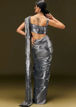 Metallic Grey Pre Stitched Sequin Saree With Cowl Neckline Blouse