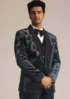 Metallic Grey Velvet Suit With Zardosi Detailing