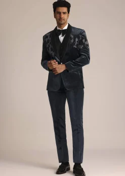 Metallic Grey Velvet Suit With Zardosi Detailing
