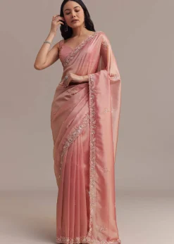 Metallic Pink Organza Tissue Saree With Cutdana And Bead Embroidery