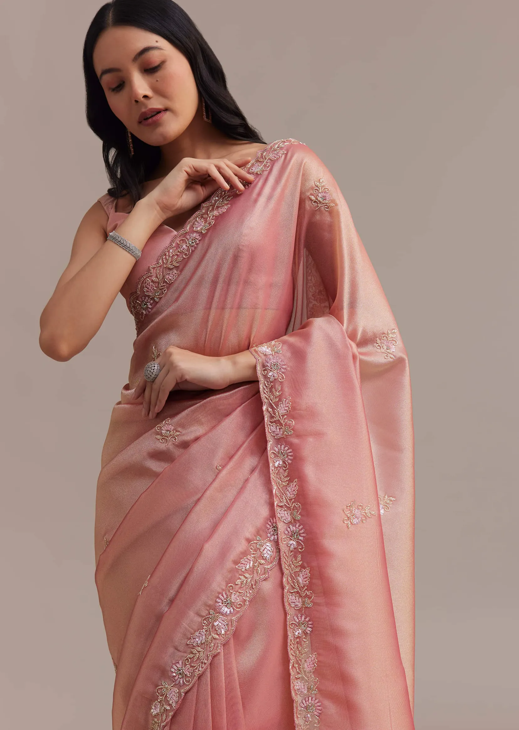 Metallic Pink Organza Tissue Saree With Cutdana And Bead Embroidery