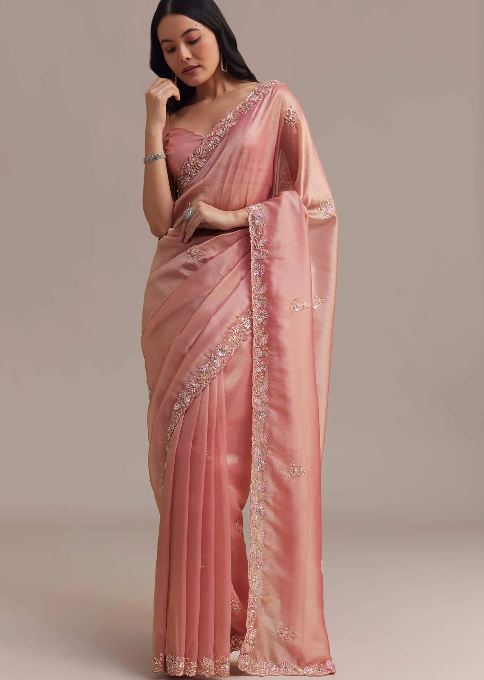 Metallic Pink Organza Tissue Saree With Cutdana And Bead Embroidery