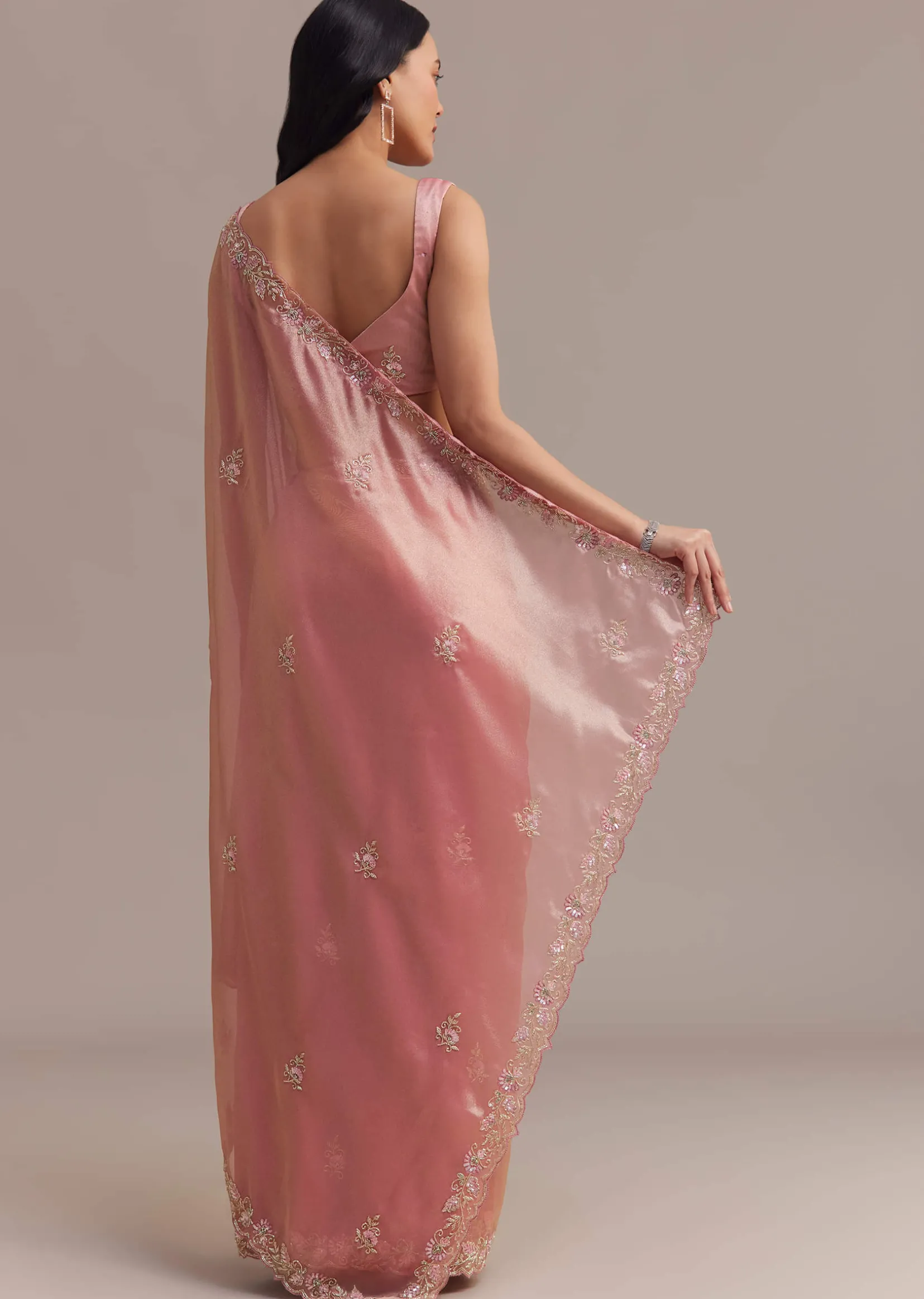 Metallic Pink Organza Tissue Saree With Cutdana And Bead Embroidery