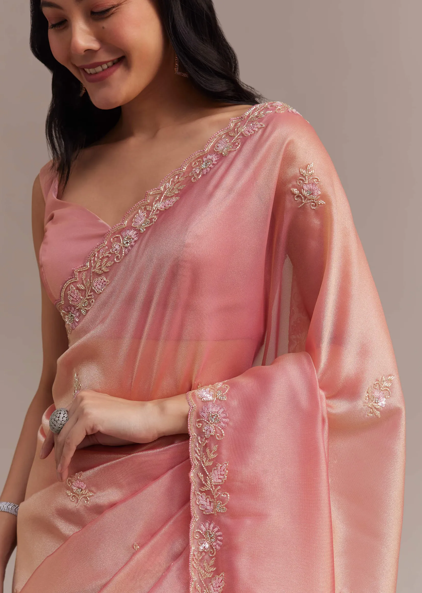 Metallic Pink Organza Tissue Saree With Cutdana And Bead Embroidery