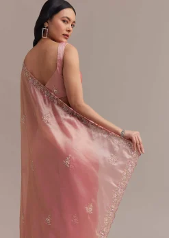 Metallic Pink Organza Tissue Saree With Cutdana And Bead Embroidery
