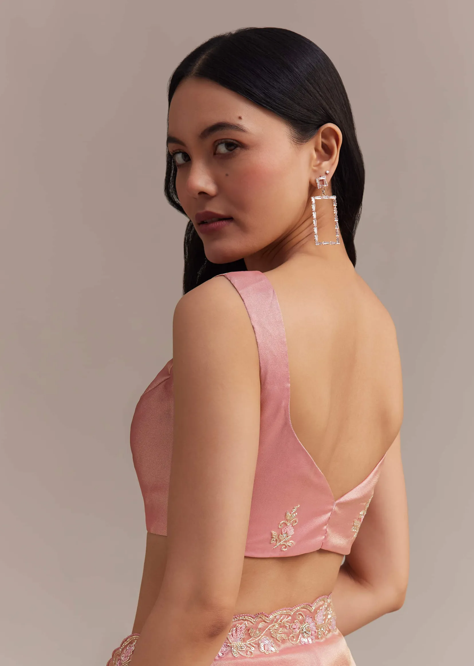Metallic Pink Organza Tissue Saree With Cutdana And Bead Embroidery