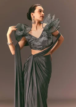 Metallic Pre Draped Saree With 3D Ruffle Blouse