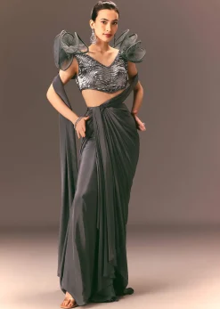 Metallic Pre Draped Saree With 3D Ruffle Blouse