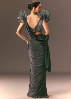 Metallic Pre Draped Saree With 3D Ruffle Blouse