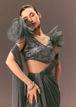Metallic Pre Draped Saree With 3D Ruffle Blouse