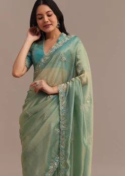 Metallic Sea Green Tissue Organza Saree With Embroidered Border