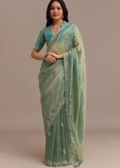 Metallic Sea Green Tissue Organza Saree With Embroidered Border