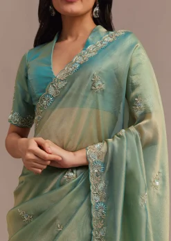 Metallic Sea Green Tissue Organza Saree With Embroidered Border