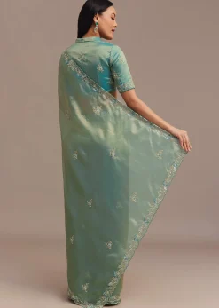 Metallic Sea Green Tissue Organza Saree With Embroidered Border