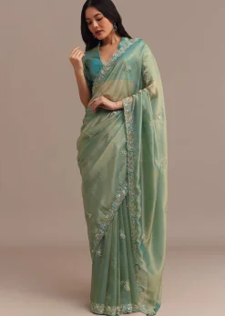 Metallic Sea Green Tissue Organza Saree With Embroidered Border