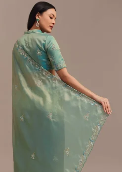 Metallic Sea Green Tissue Organza Saree With Embroidered Border