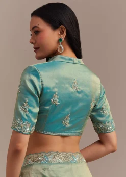 Metallic Sea Green Tissue Organza Saree With Embroidered Border