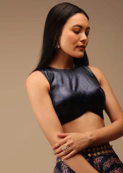 Midnight Blue Blouse In Satin With Curved Hem, Round Neckline And Back Zip Detail